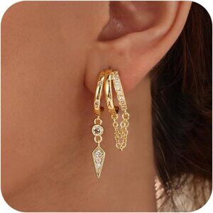 Dangle Earrings for Women,14k Gold Plated Triple Huggie Stud Earrings Dainty Dro